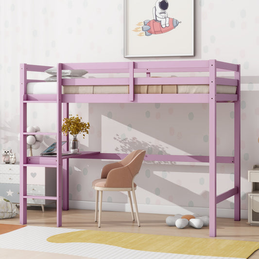 Lavender twin loft bed with integrated desk and shelving