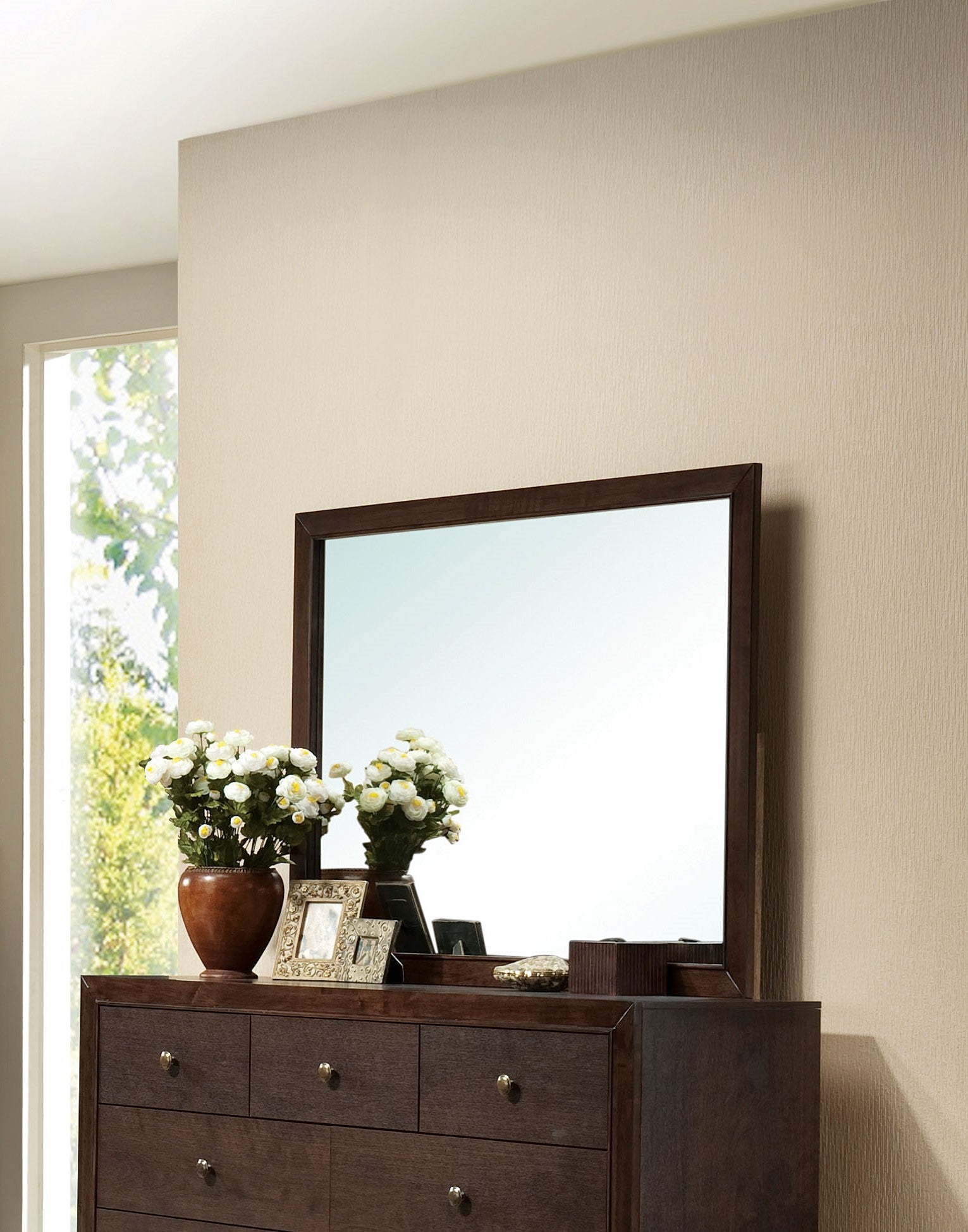 Dark wood dresser with mirror