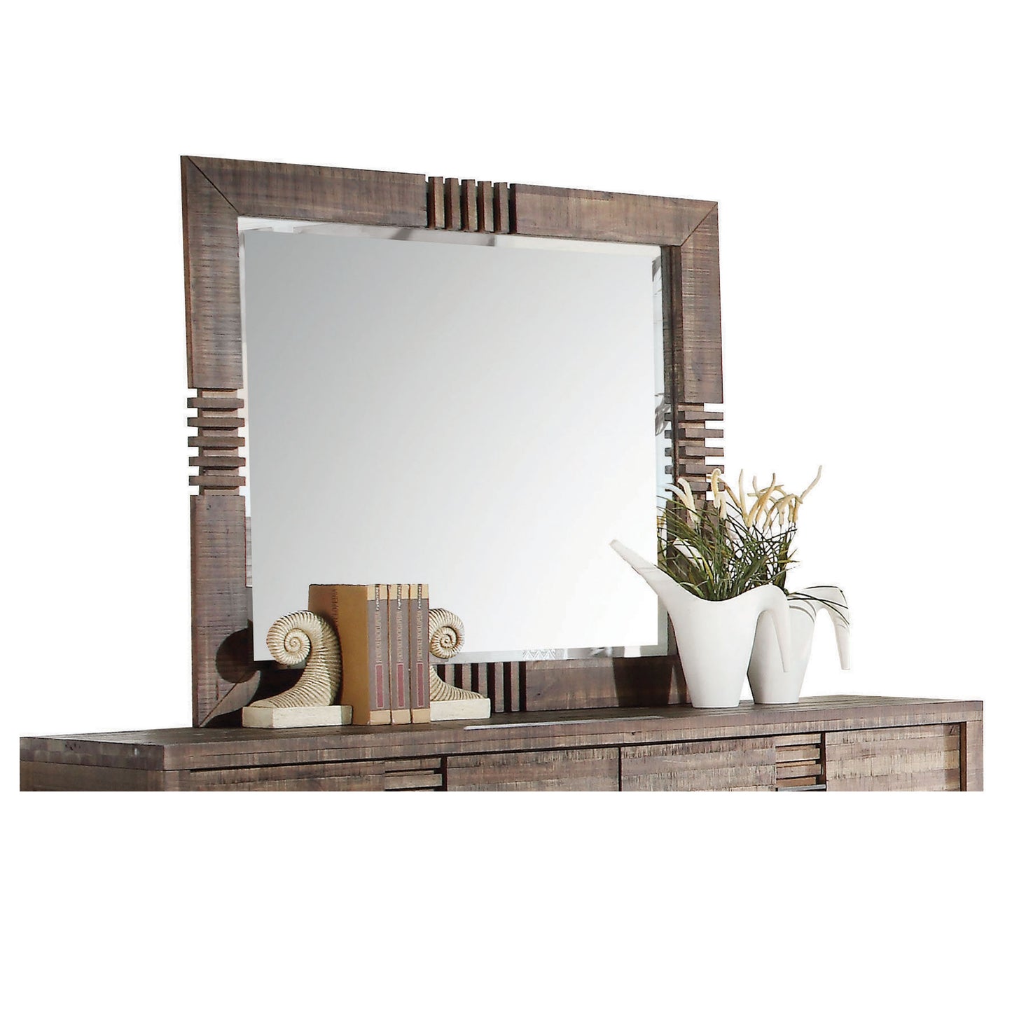 Distressed wood mirror with decorative grooves and a large reflective surface