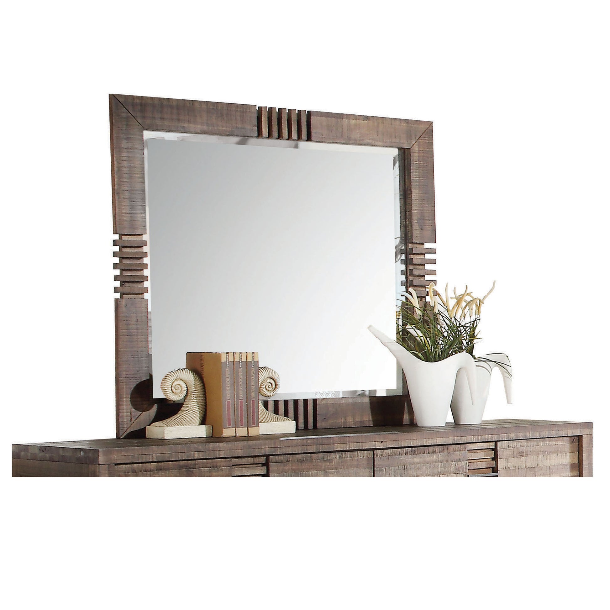 Distressed wood mirror with decorative grooves and a large reflective surface