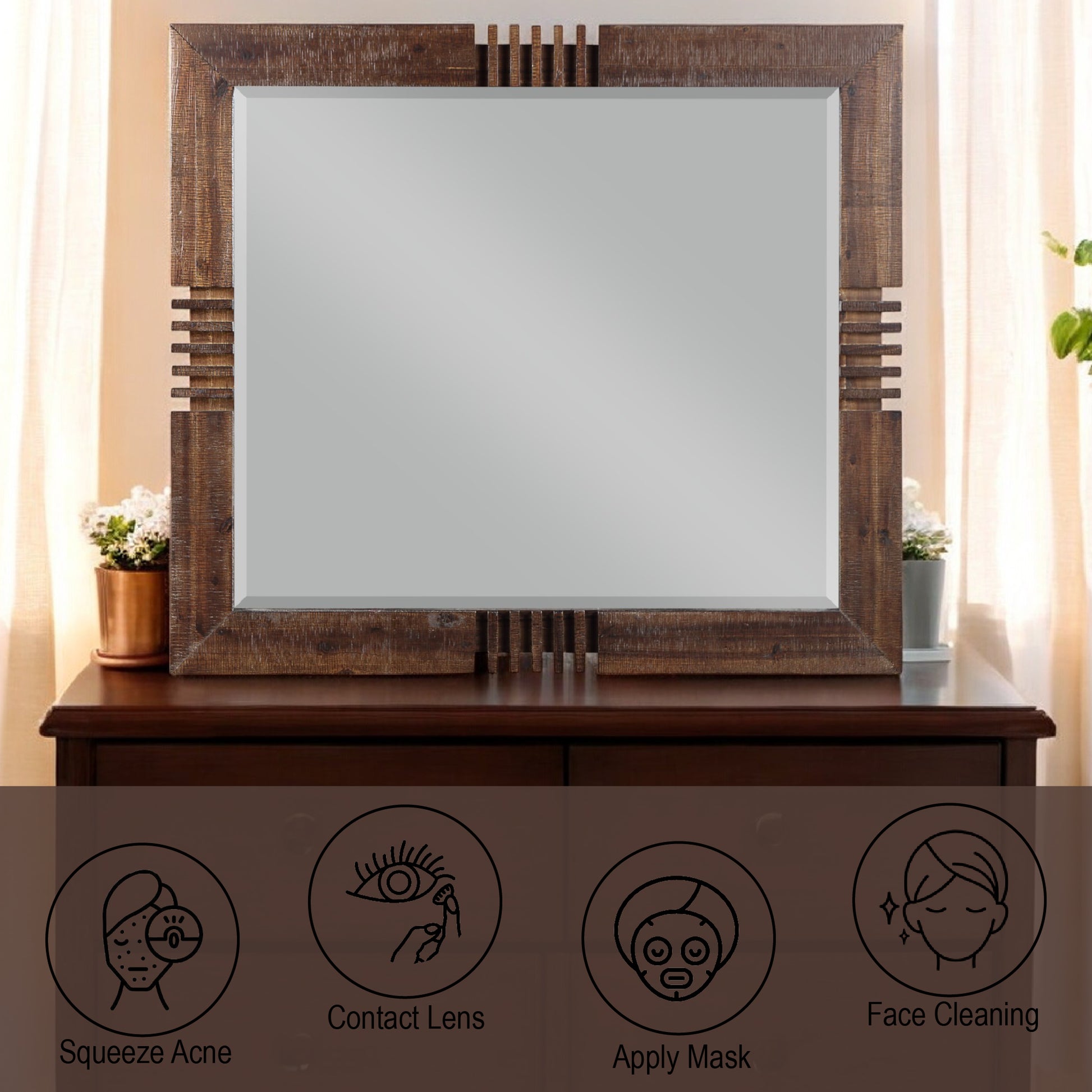 Rustic wooden framed mirror with geometric accents