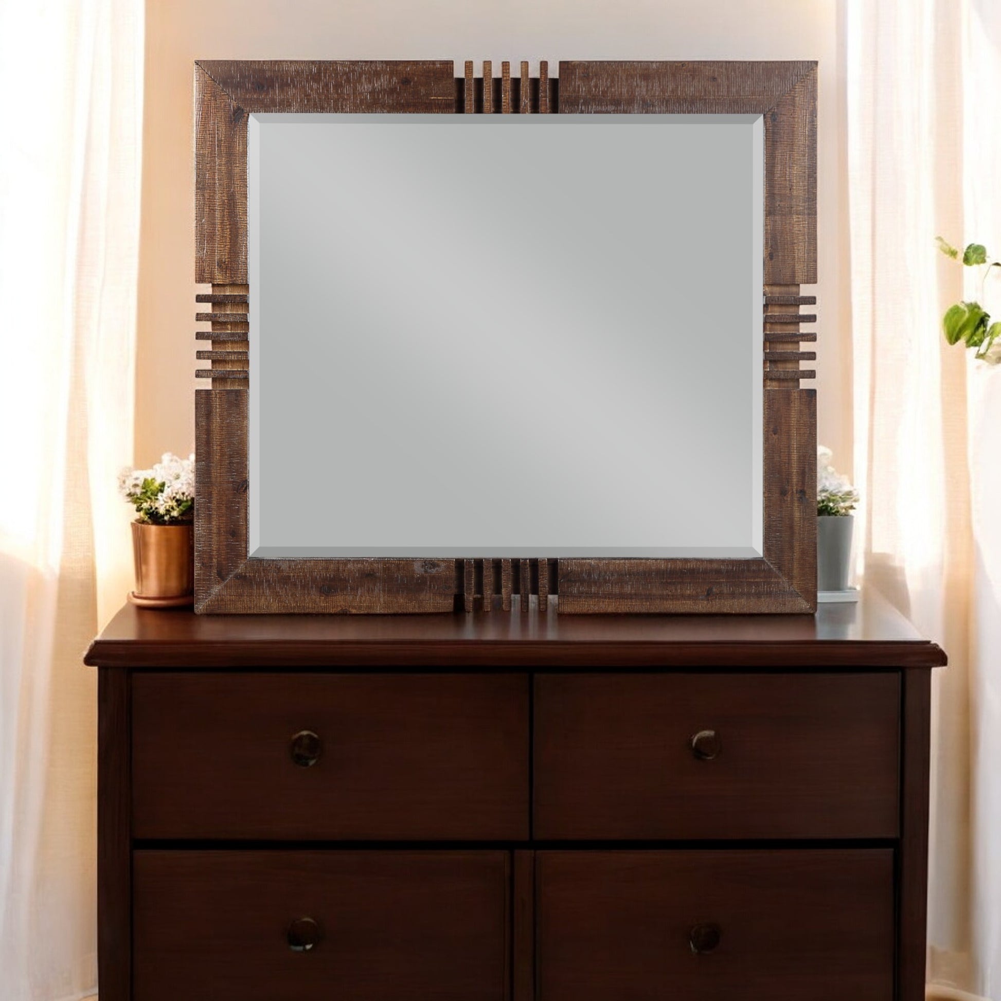 Square wooden framed mirror with textured brown finish and tiered accents