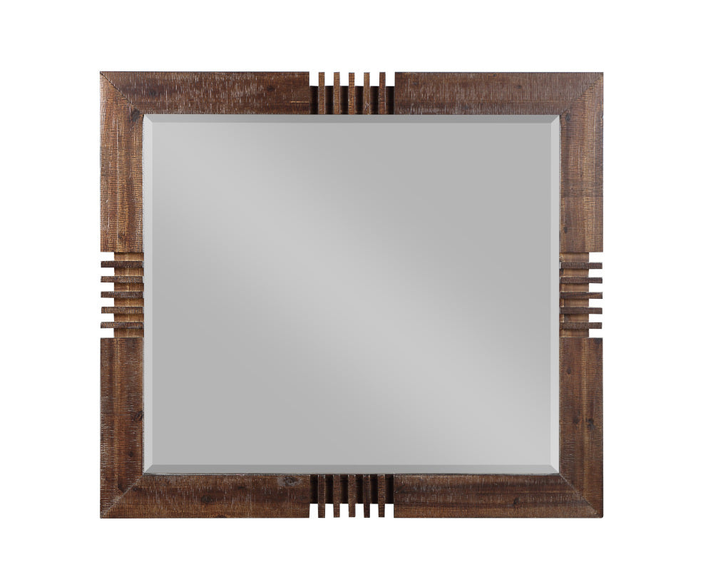 Ornate dark wood framed mirror with bevelled glass and textured details