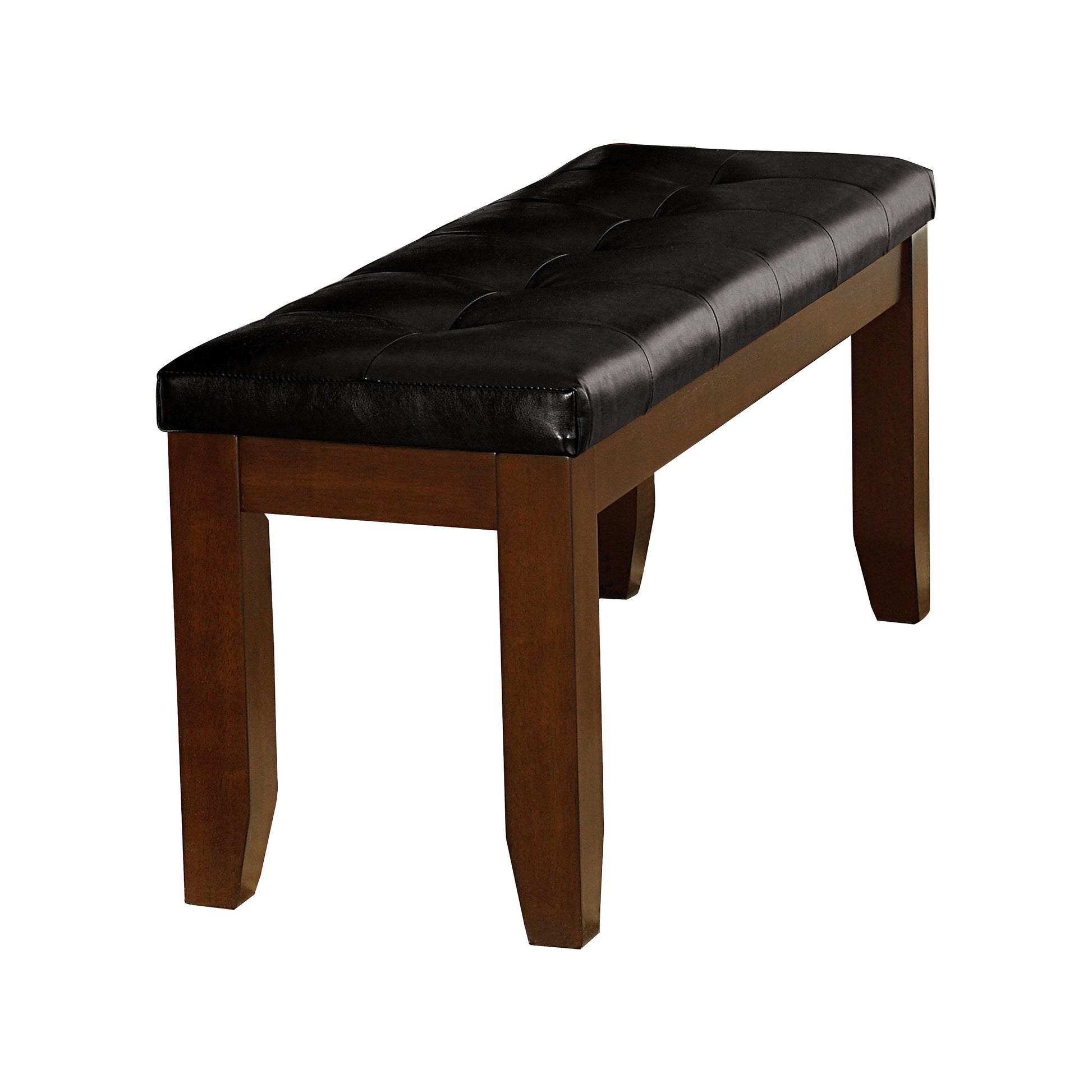 Tufted black leatherette bench with dark wood legs