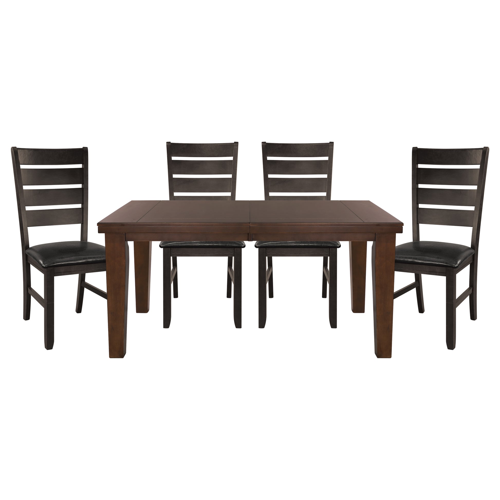 Dark walnut dining table and chairs set with upholstered seats