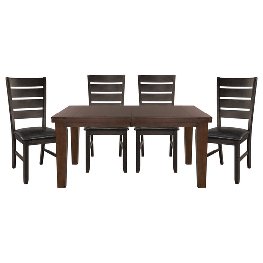 Dark walnut dining table and chairs set with upholstered seats