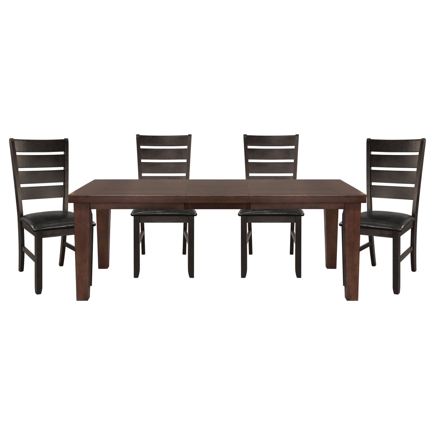 Dark brown wooden dining table with four slatback chairs featuring black faux leather seats