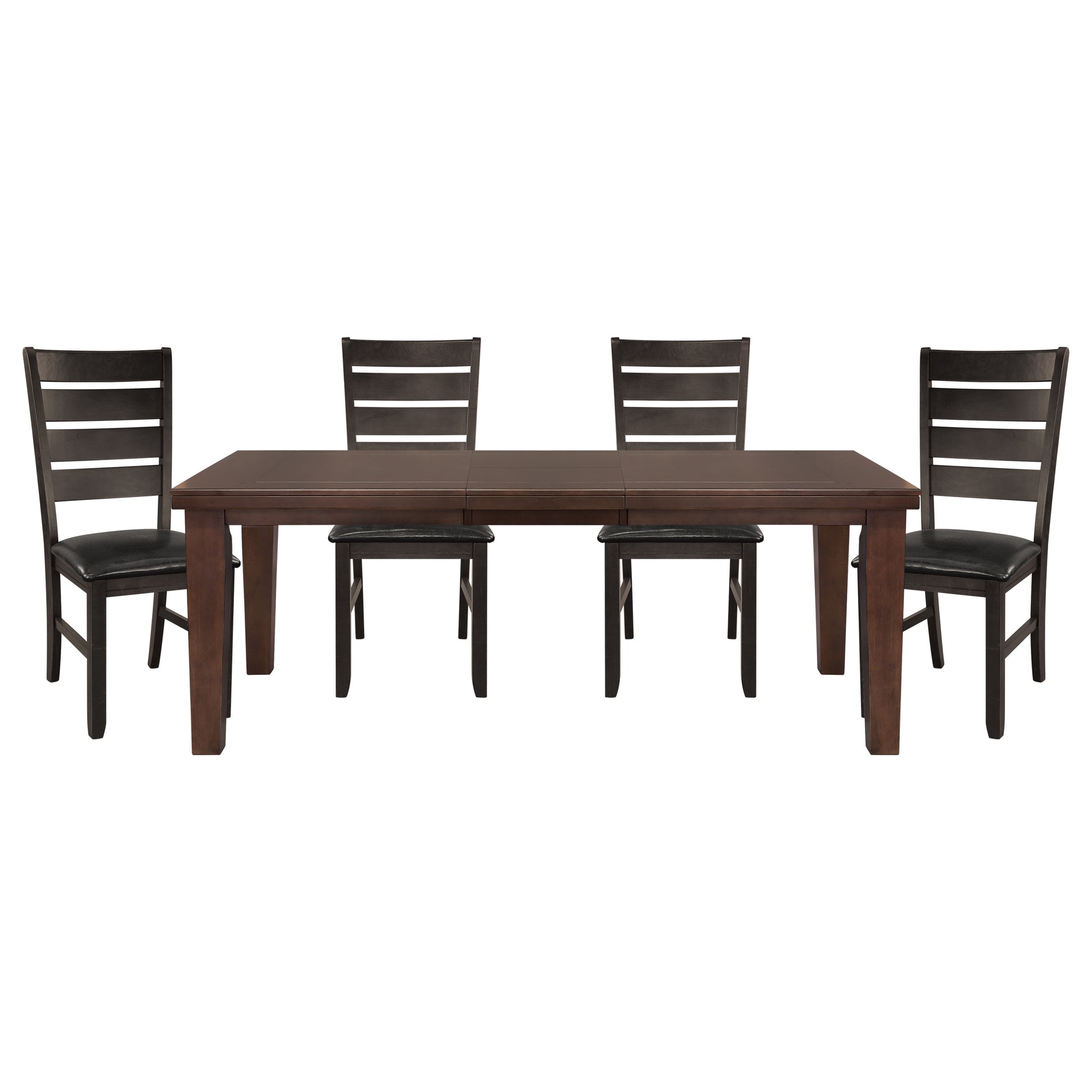 Dark brown wooden dining table with four slatback chairs featuring black faux leather seats