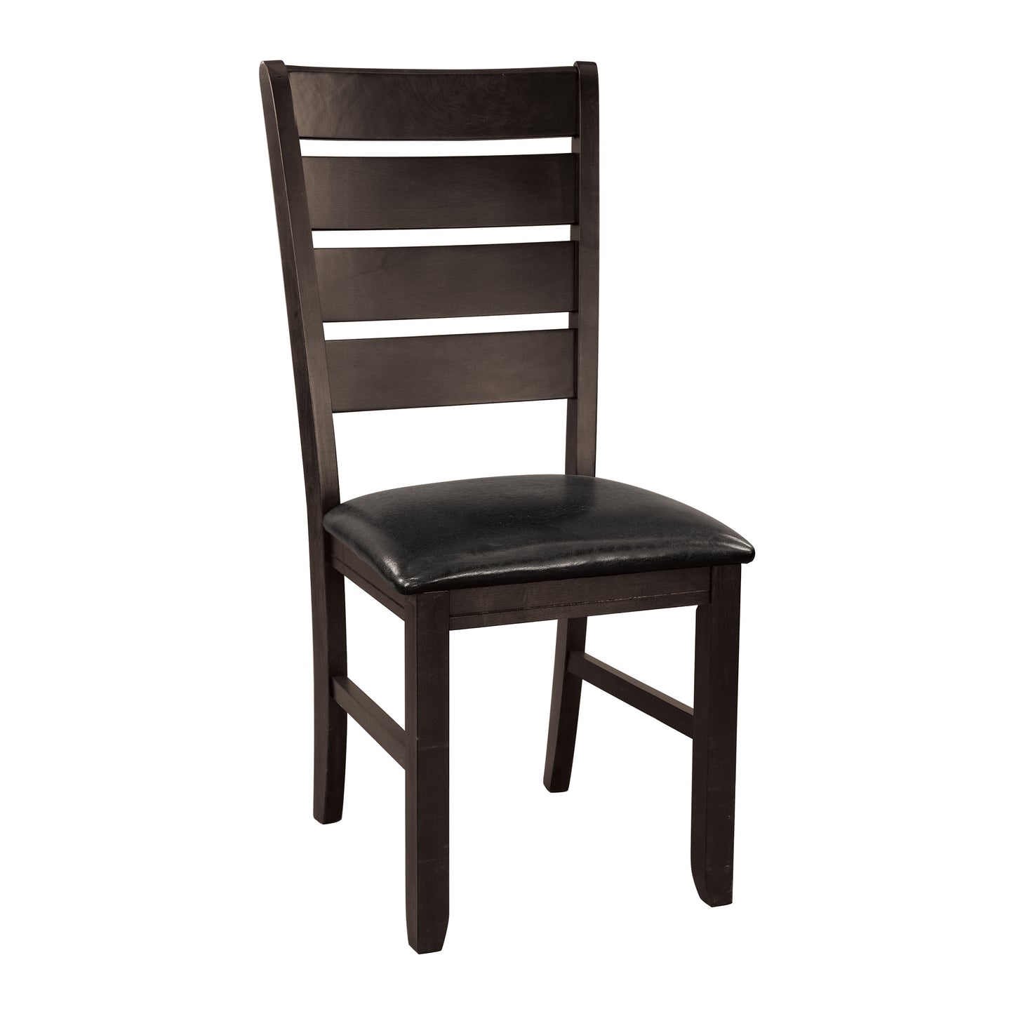 Dark wood dining chair with black leather seat and slatted back