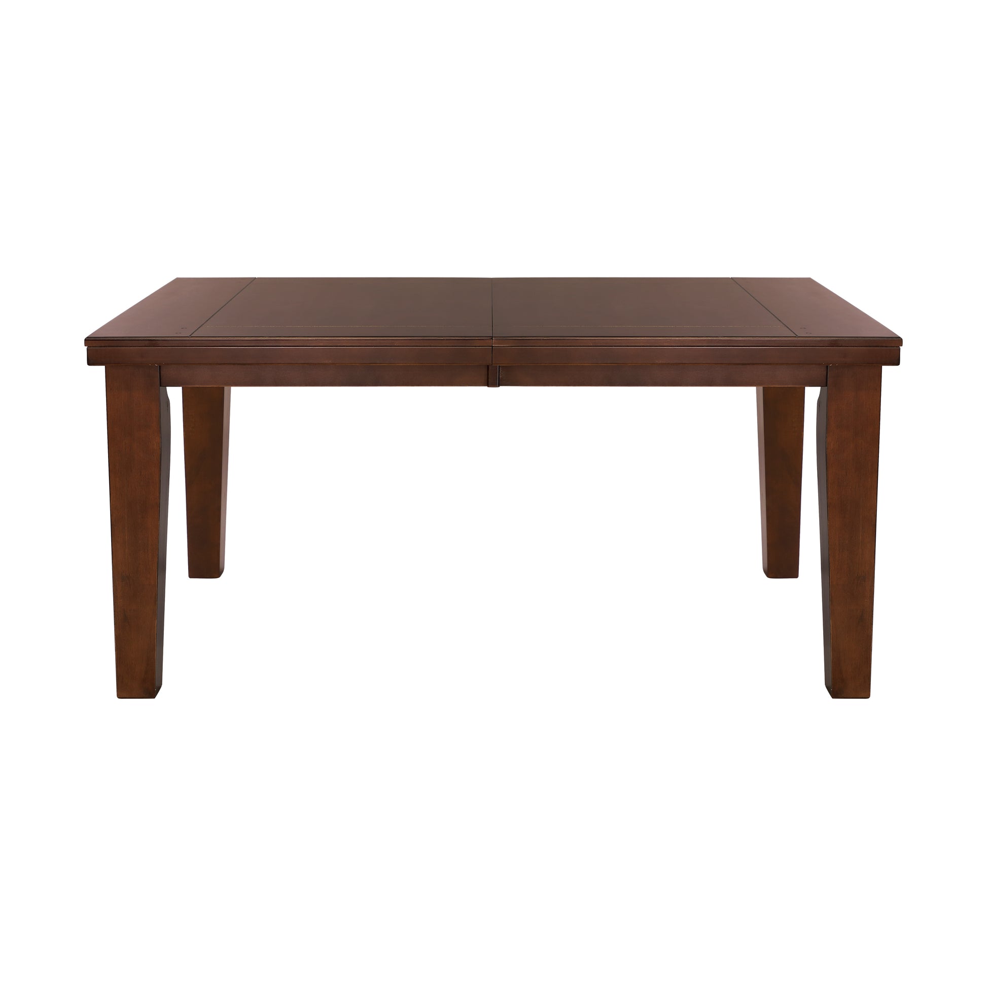 Dark brown wooden dining table with clean lines and tapered legs