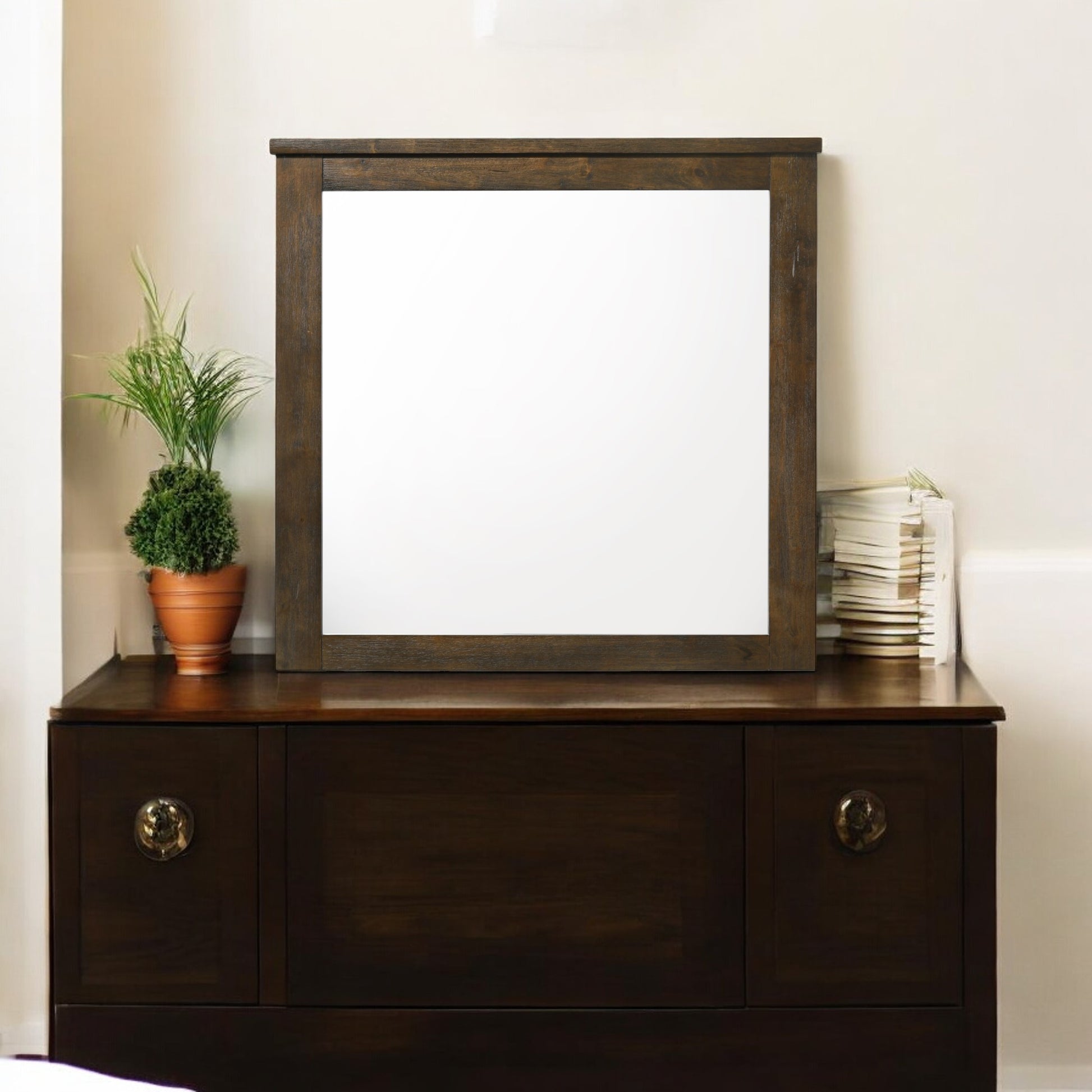 Dark wood dresser with a large framed mirror and a potted plant