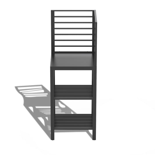 Black metal hallway console table with three slatted shelves