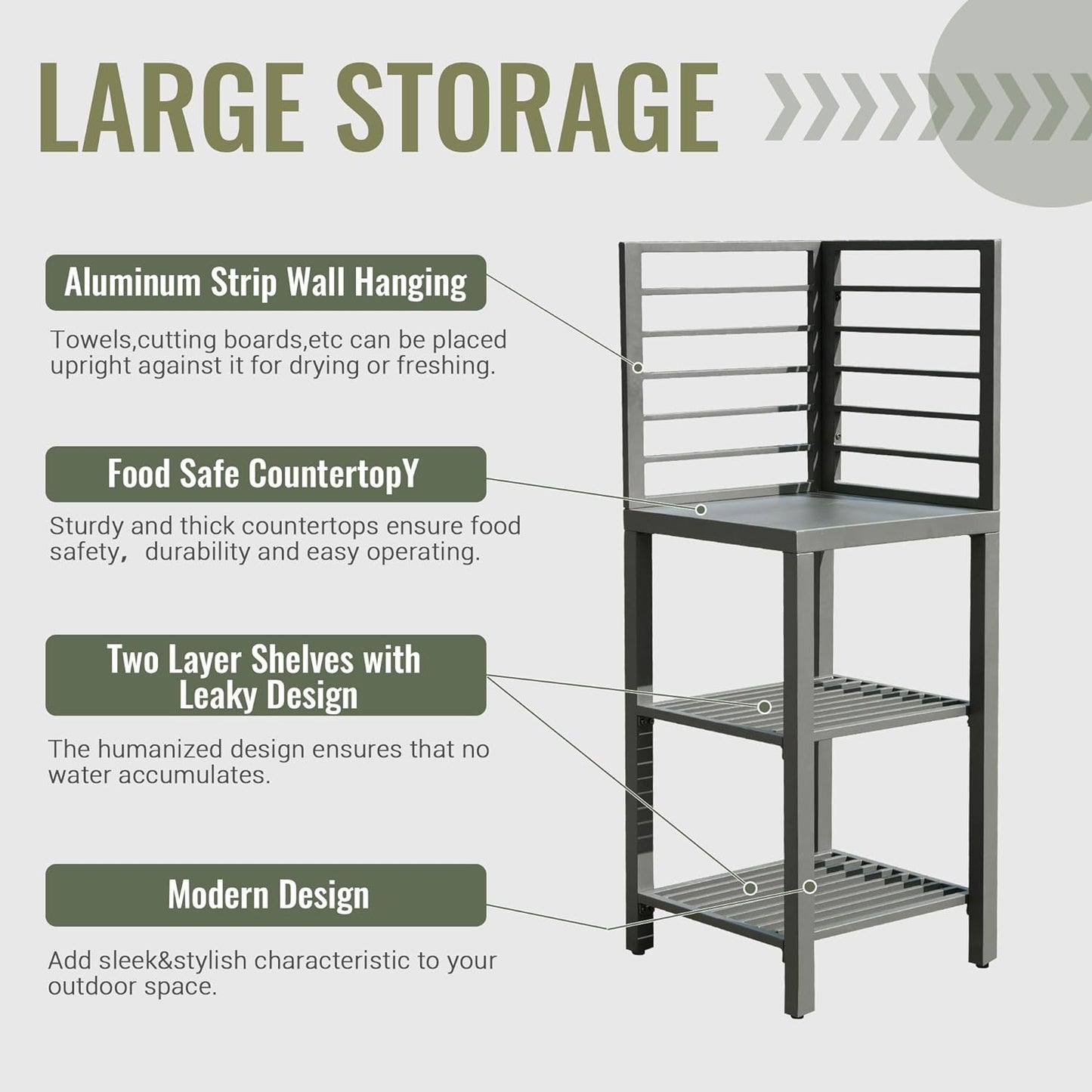 Gray metal outdoor kitchen cart with three shelves and wall hanging feature