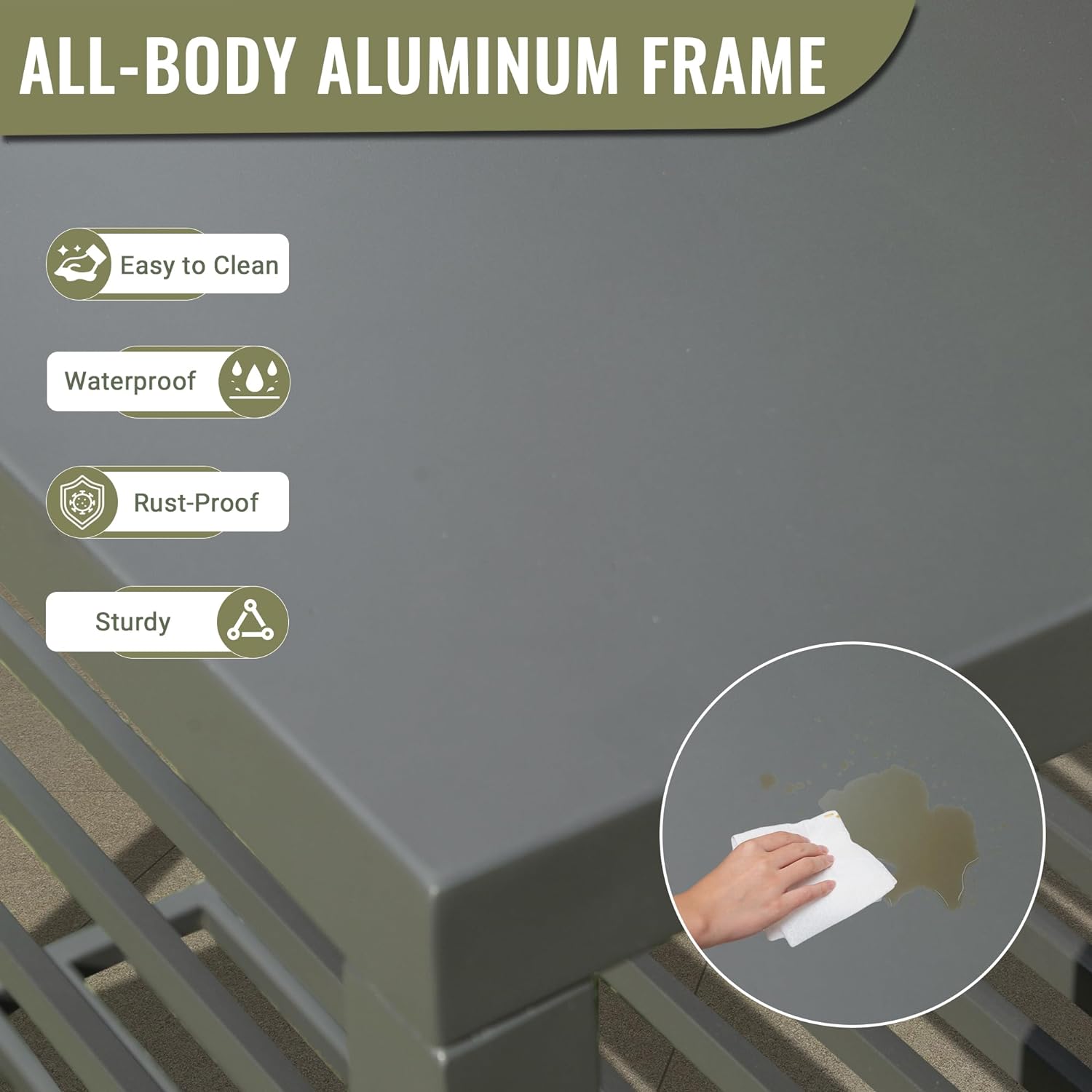 Grey aluminum frame with Easy to Clean icon and text