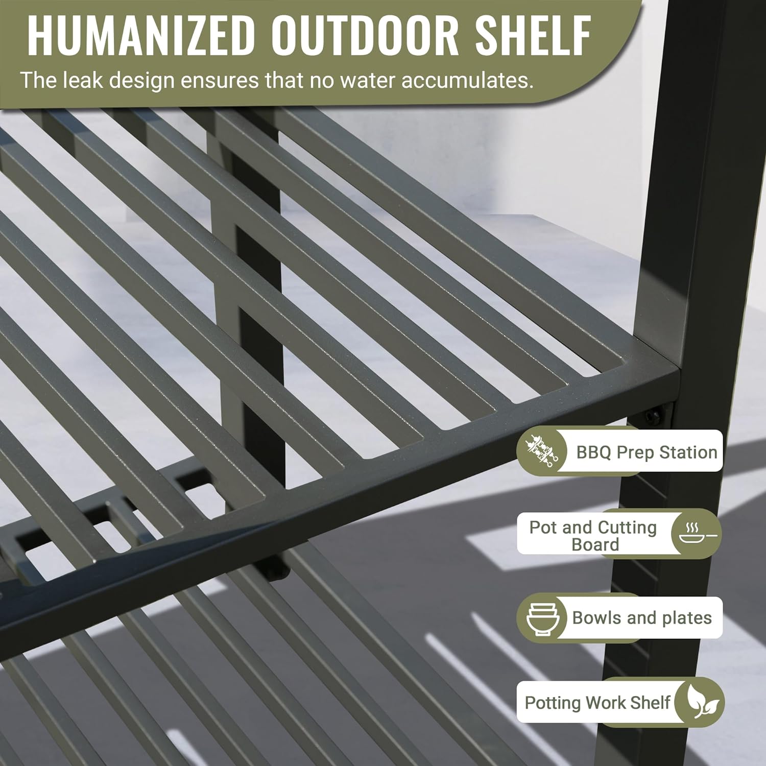 Gray metal outdoor shelf with multiple slatted shelves