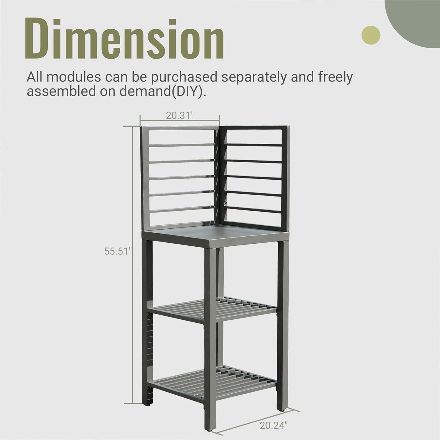 Gray metal kitchen rack with three shelves and adjustable height