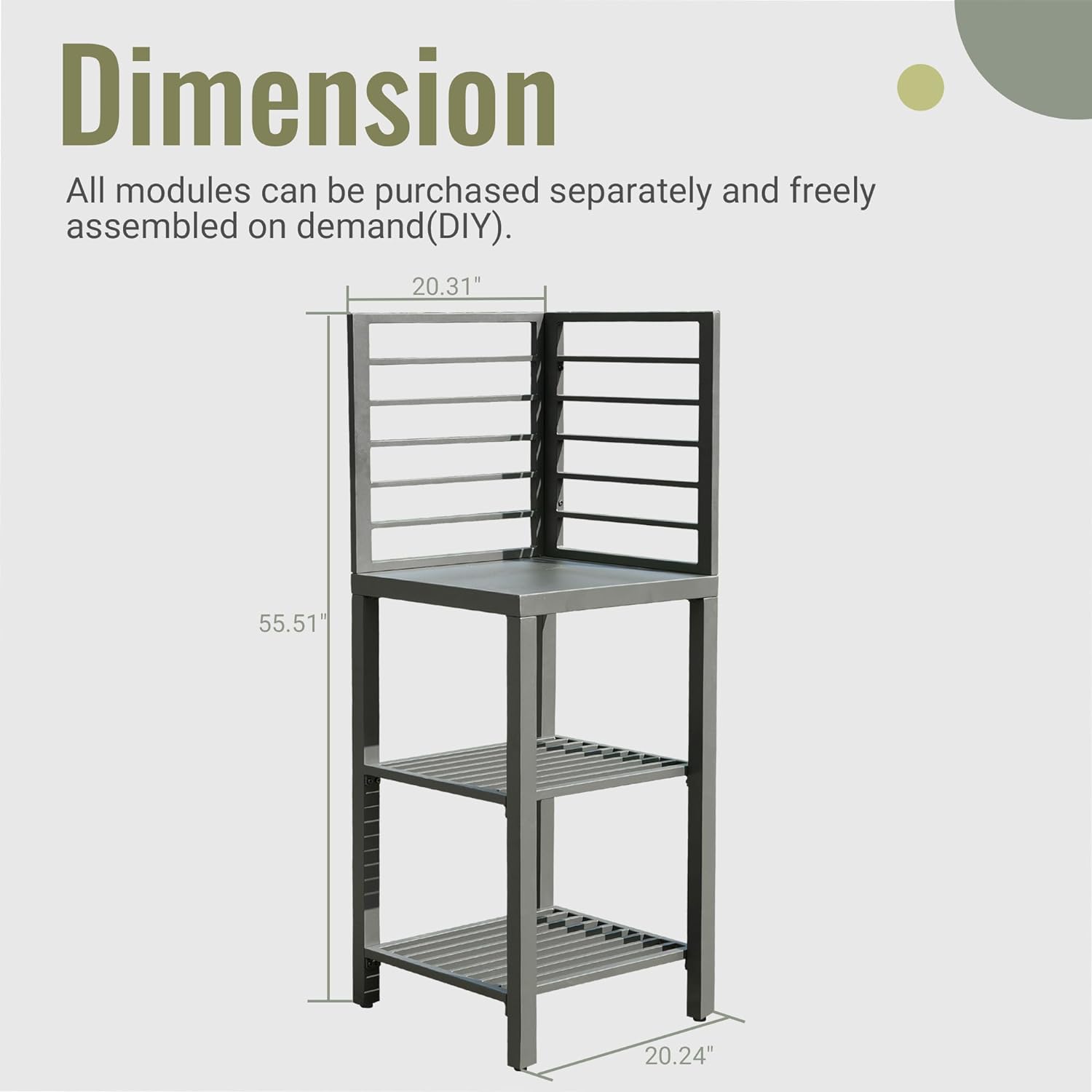 Gray metal kitchen rack with three shelves and adjustable height