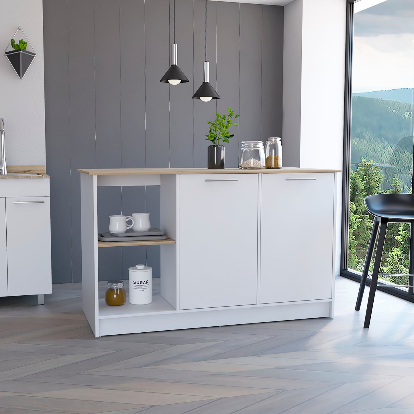 Modern white kitchen island with oak countertop and storage cabinets
