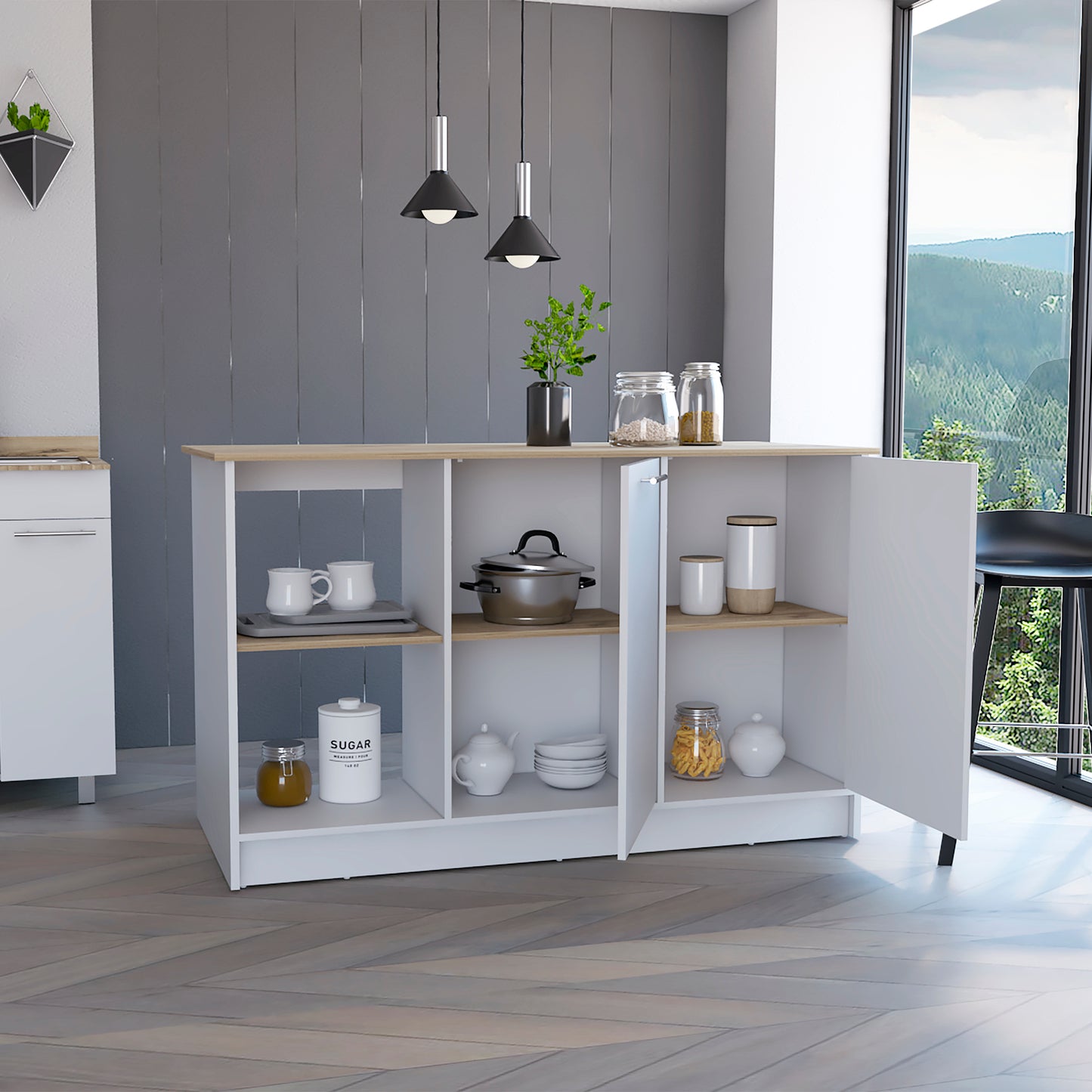 Modern white kitchen island with woodeffect countertop and open shelving holding kitchenware