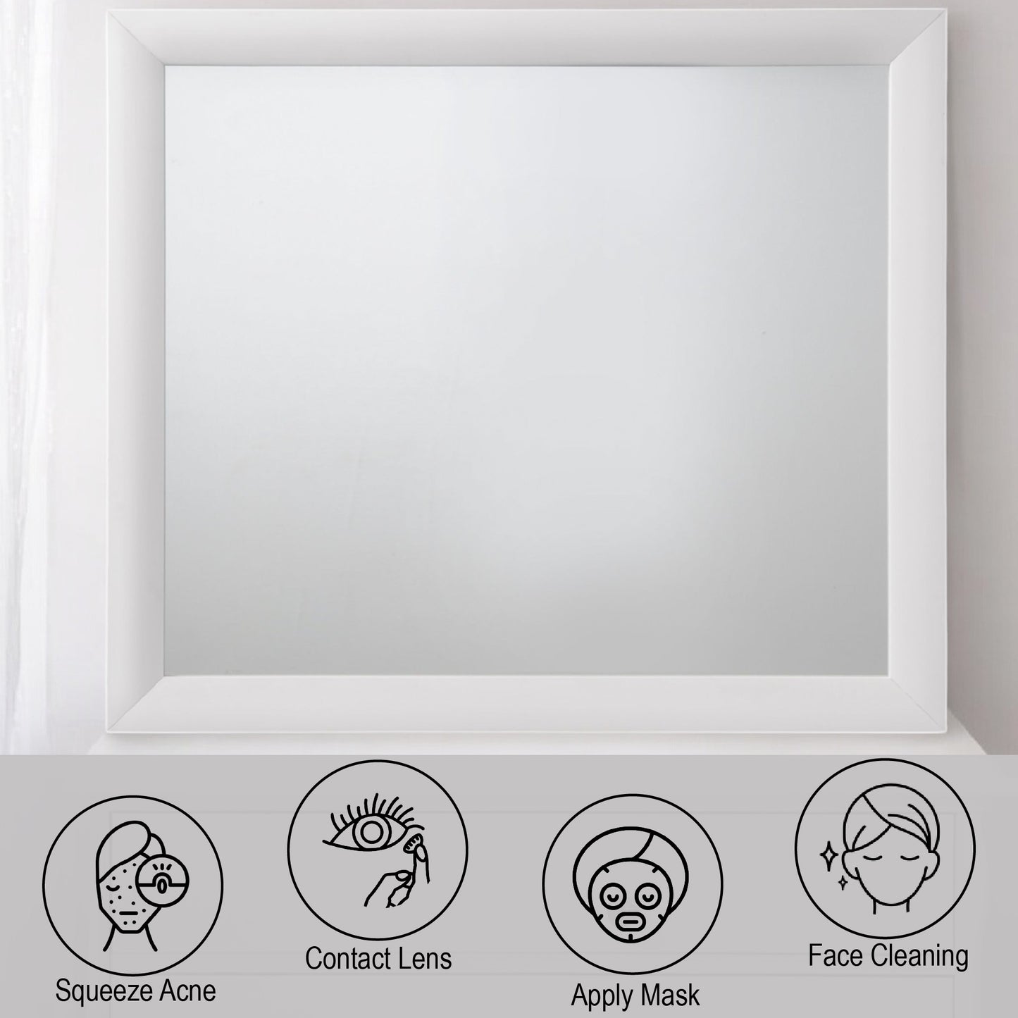 Modern white framed mirror for makeup application and skincare routines