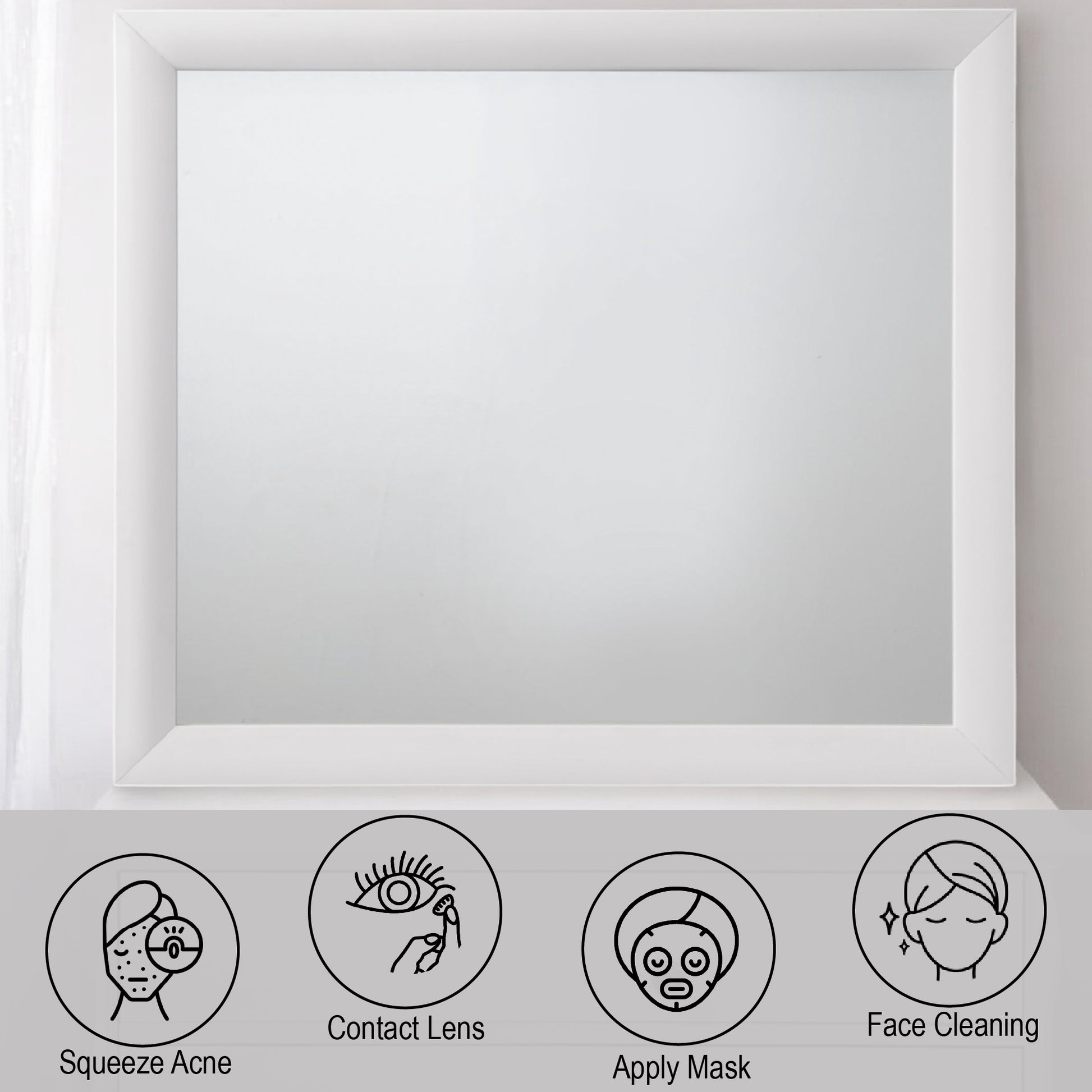 Modern white framed mirror for makeup application and skincare routines