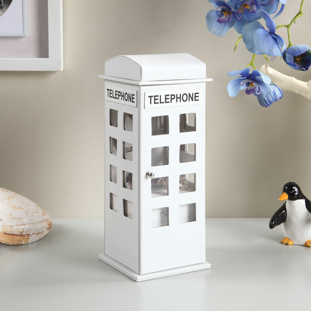 White telephone booth jewelry box with clear windows