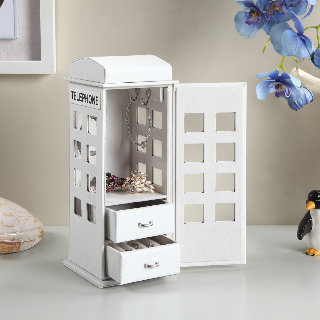 White telephone booth jewelry organizer with hanging necklace and two drawers