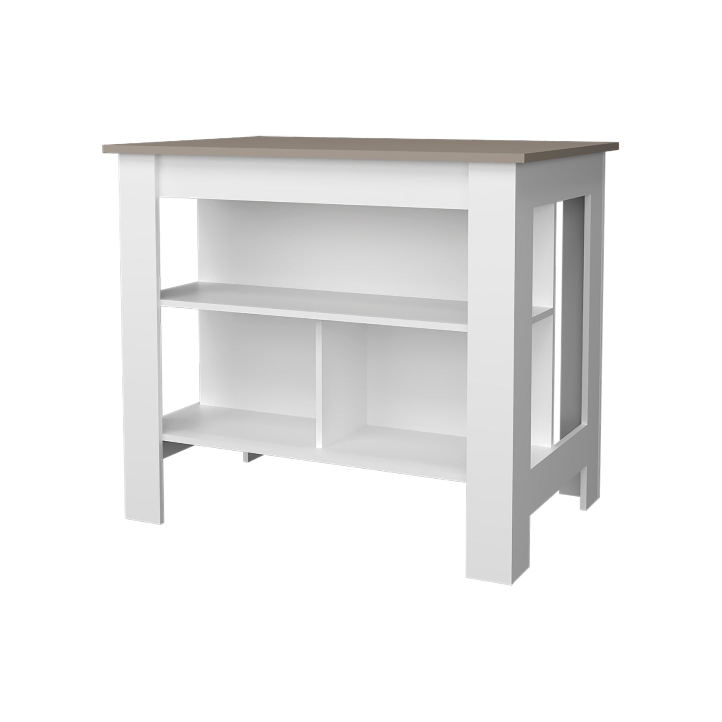 White and wood kitchen island with three open shelves
