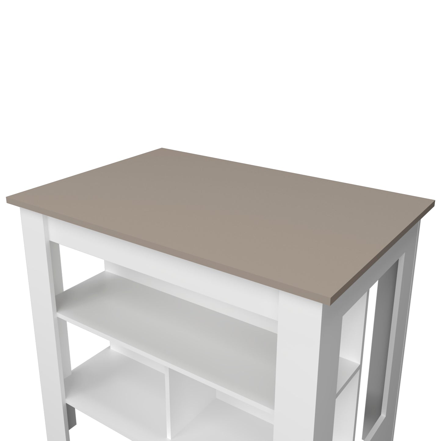 White and taupe kitchen island with open shelving