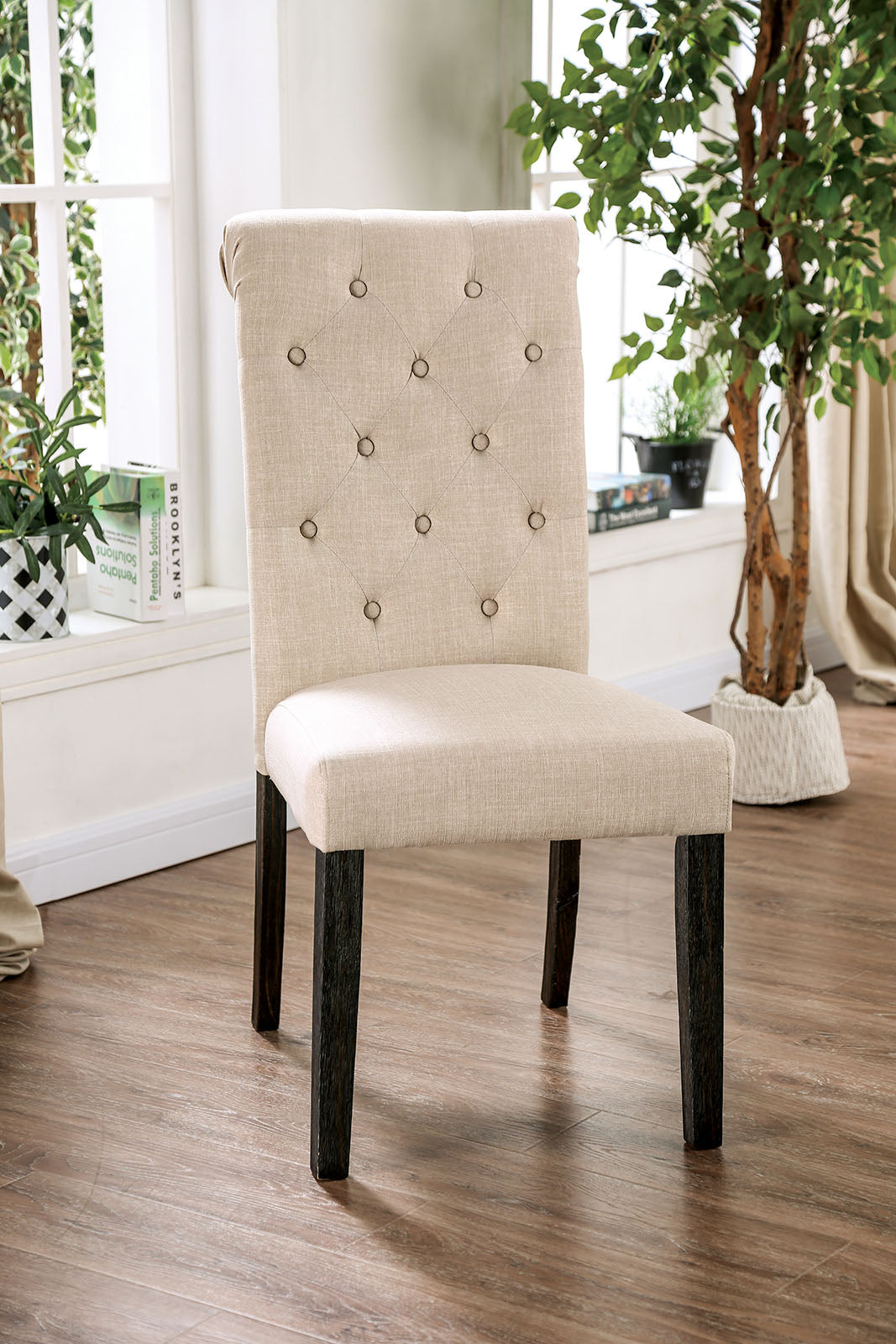 TREATLIFE HOME Set of 2 Rustic Side Chairs with Button Tufted Backs, Solid Wood Frame, Ivory Linen-Like Fabric