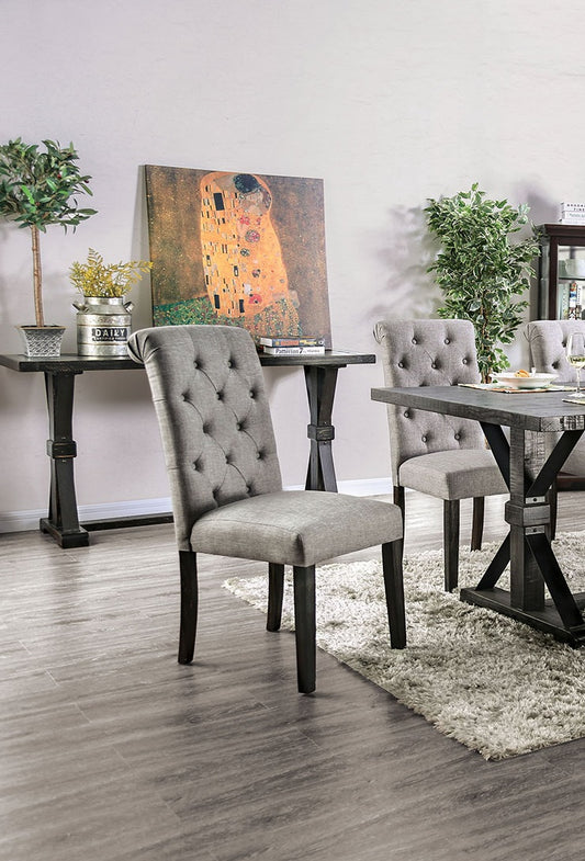 TREATLIFE HOME Set of 2 Rustic Side Chairs with Button Tufted Backs, Antique Black and Light Gray Upholstered Fabric, Solid Wood Construction