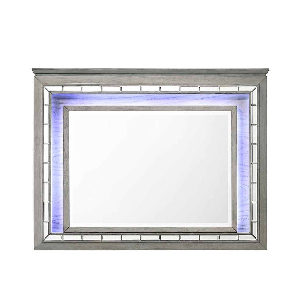 Grey wooden dresser mirror with integrated LED lighting and mirrored tile accents