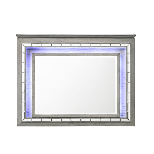 Grey wooden dresser mirror with integrated LED lighting and mirrored tile accents