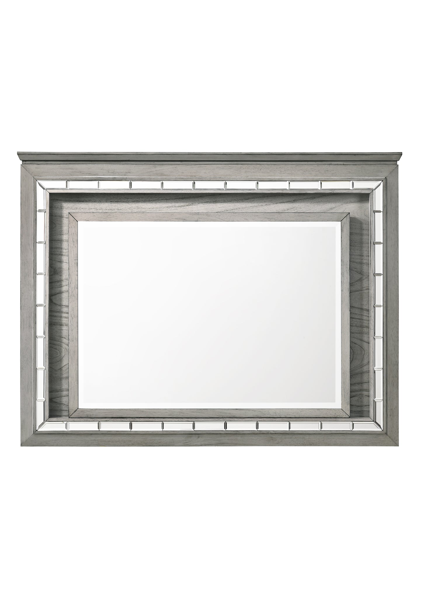 Glam gray wood dresser mirror with beveled mirrored accents