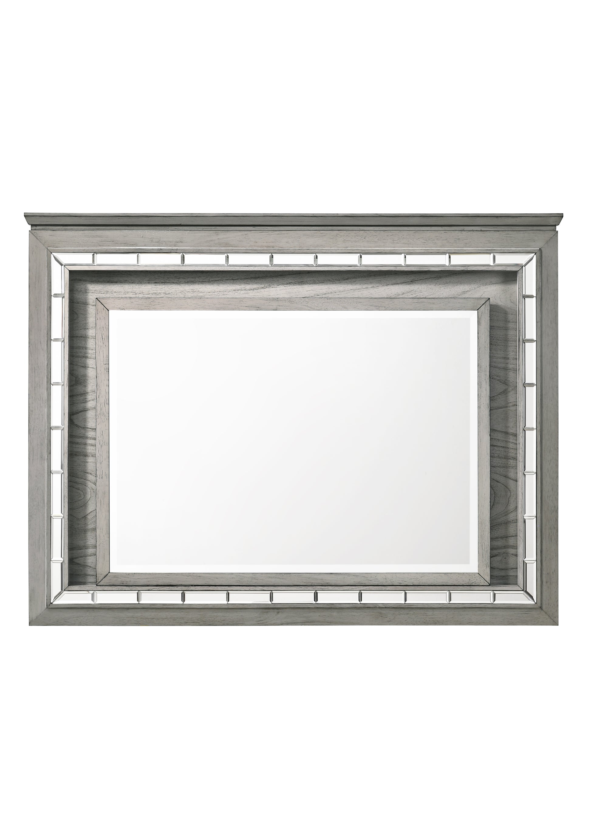Glam gray wood dresser mirror with beveled mirrored accents