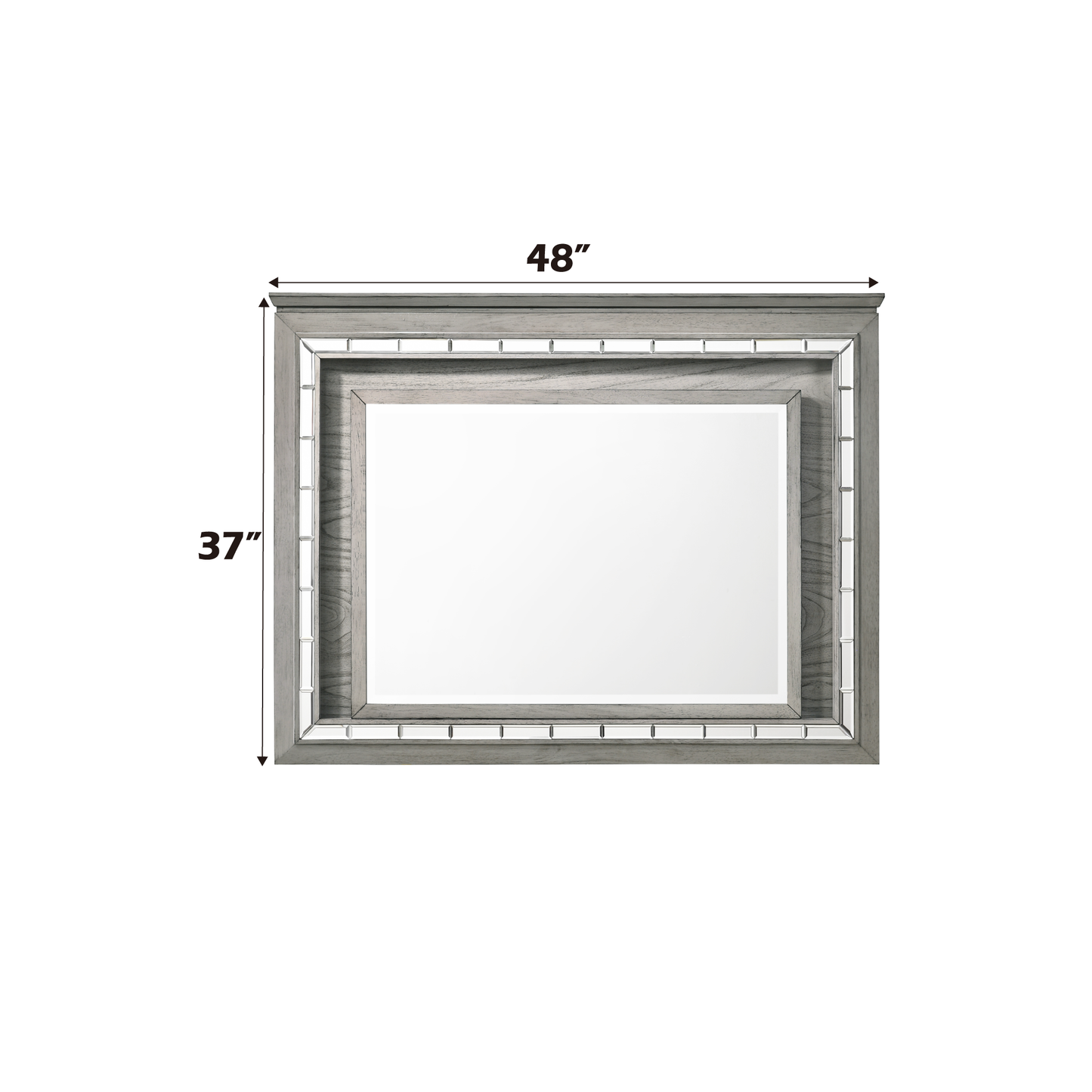 wide grey wood mirror with beveled glass accents