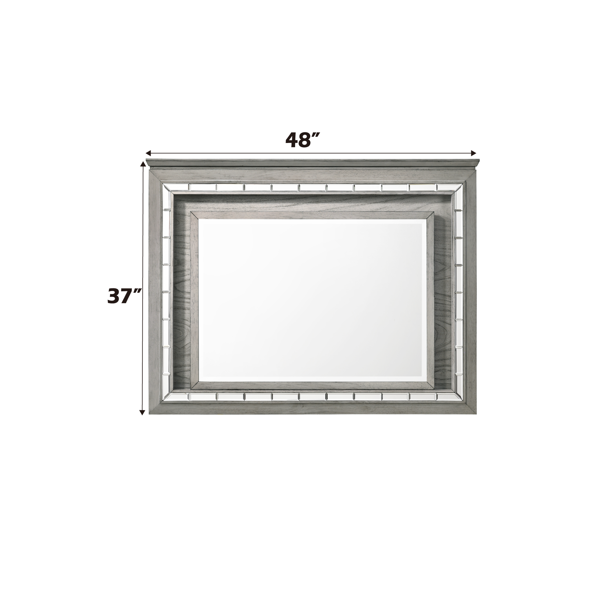 wide grey wood mirror with beveled glass accents