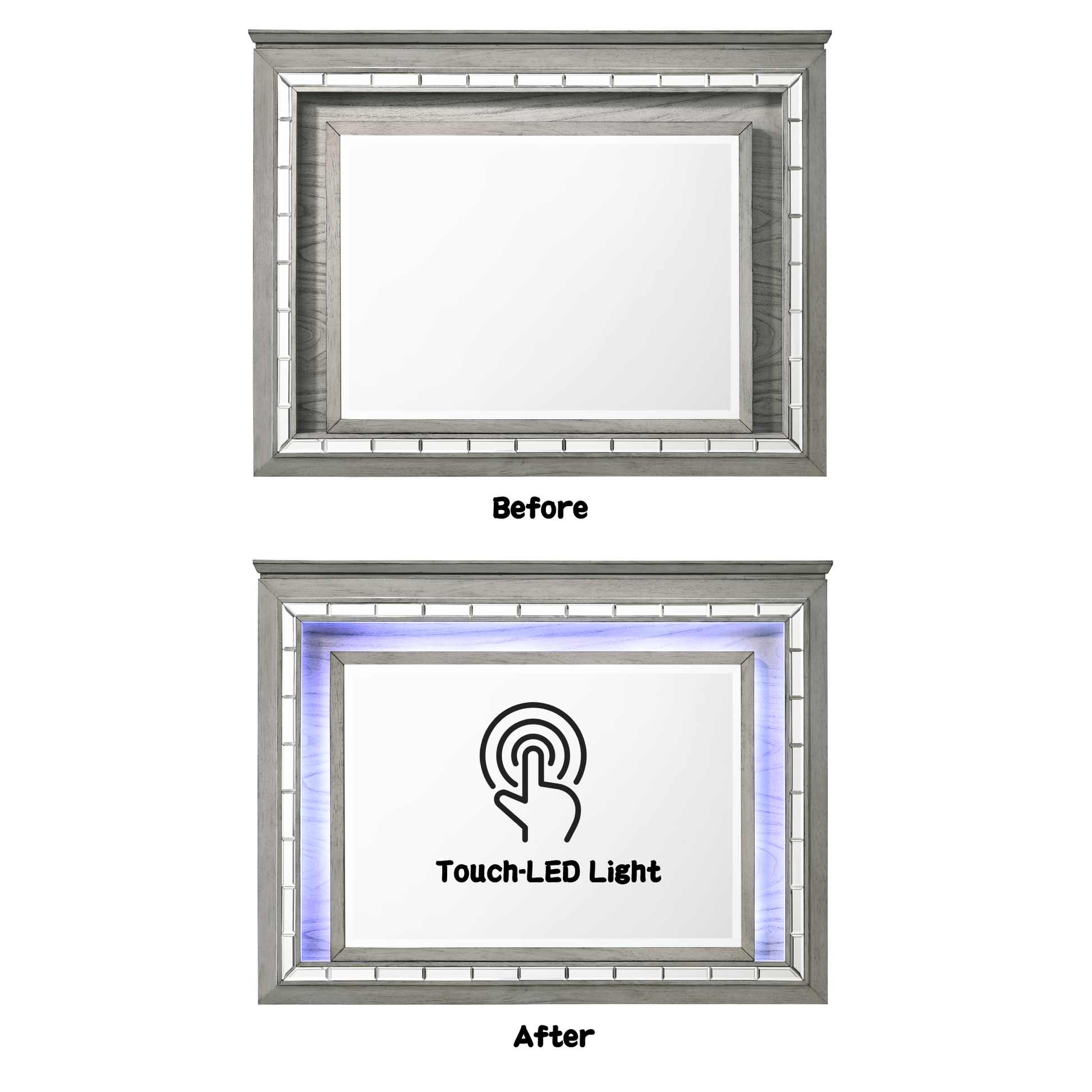 Gray wood vanity mirror with beveled mirrored accents