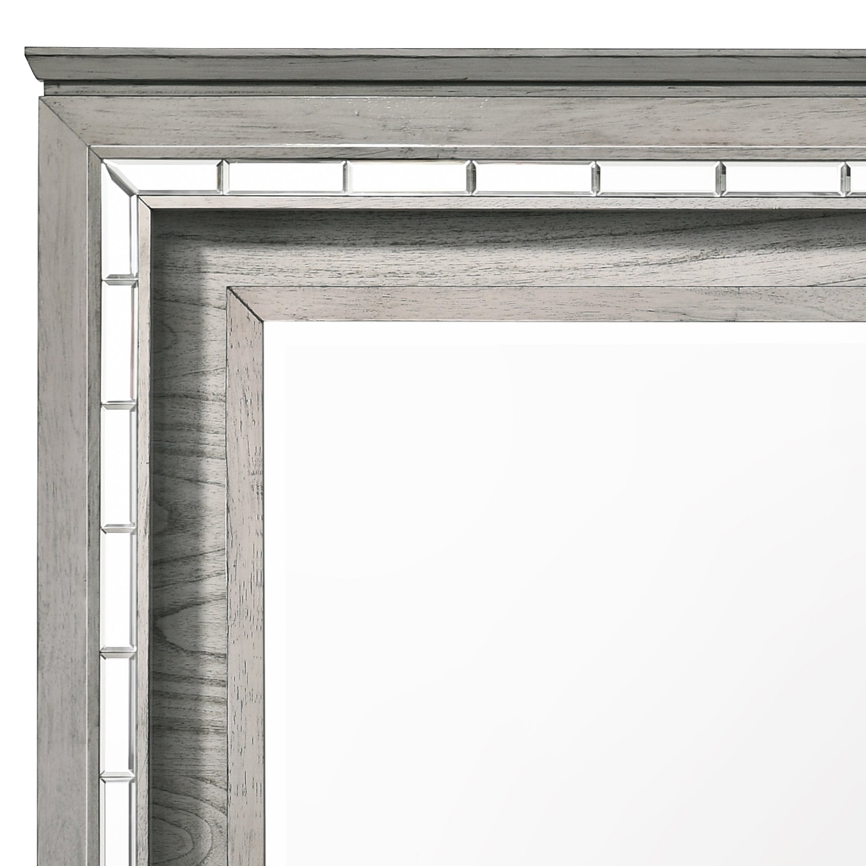 Distressed grey wood frame mirror with beveled mirror accents