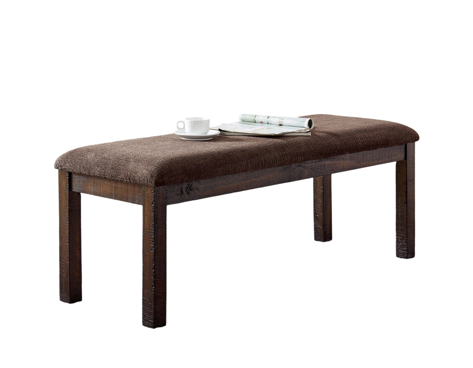 Brown upholstered dining bench with dark wood frame