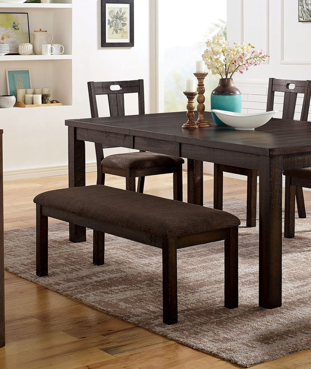 Dark brown upholstered dining bench with wooden legs