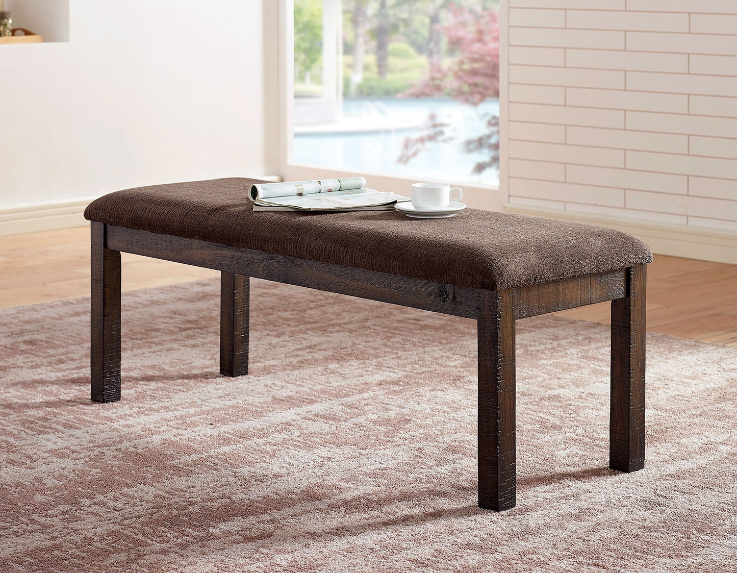 Dark brown upholstered bench with wooden legs