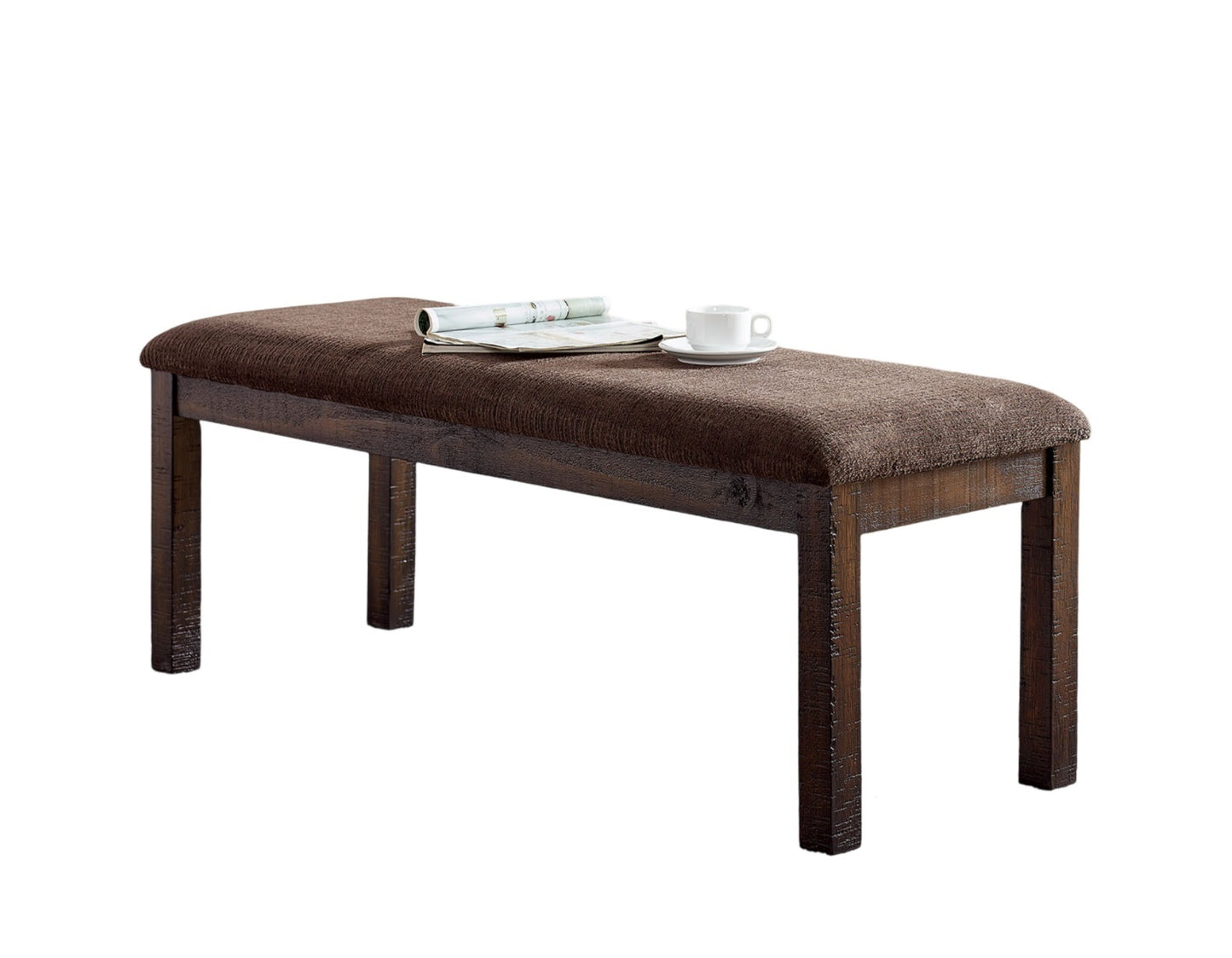 Dark brown upholstered bench with rustic wooden frame