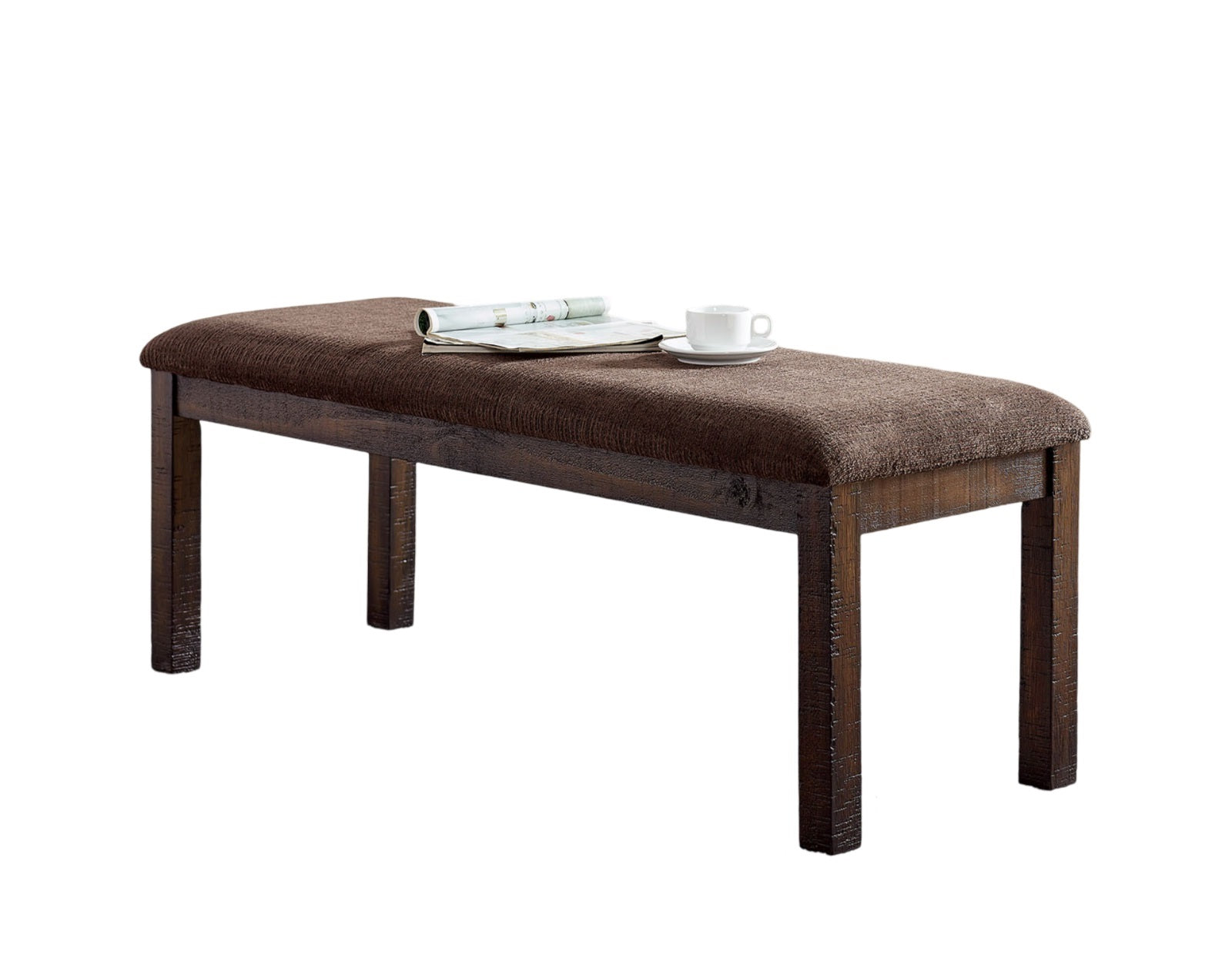 Dark brown upholstered bench with rustic wooden frame