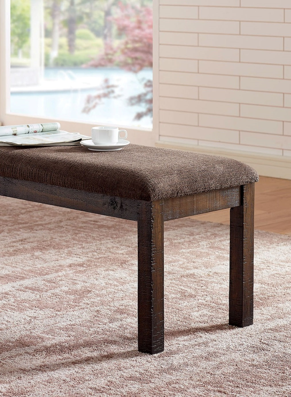 Brown upholstered dining bench with dark wood legs