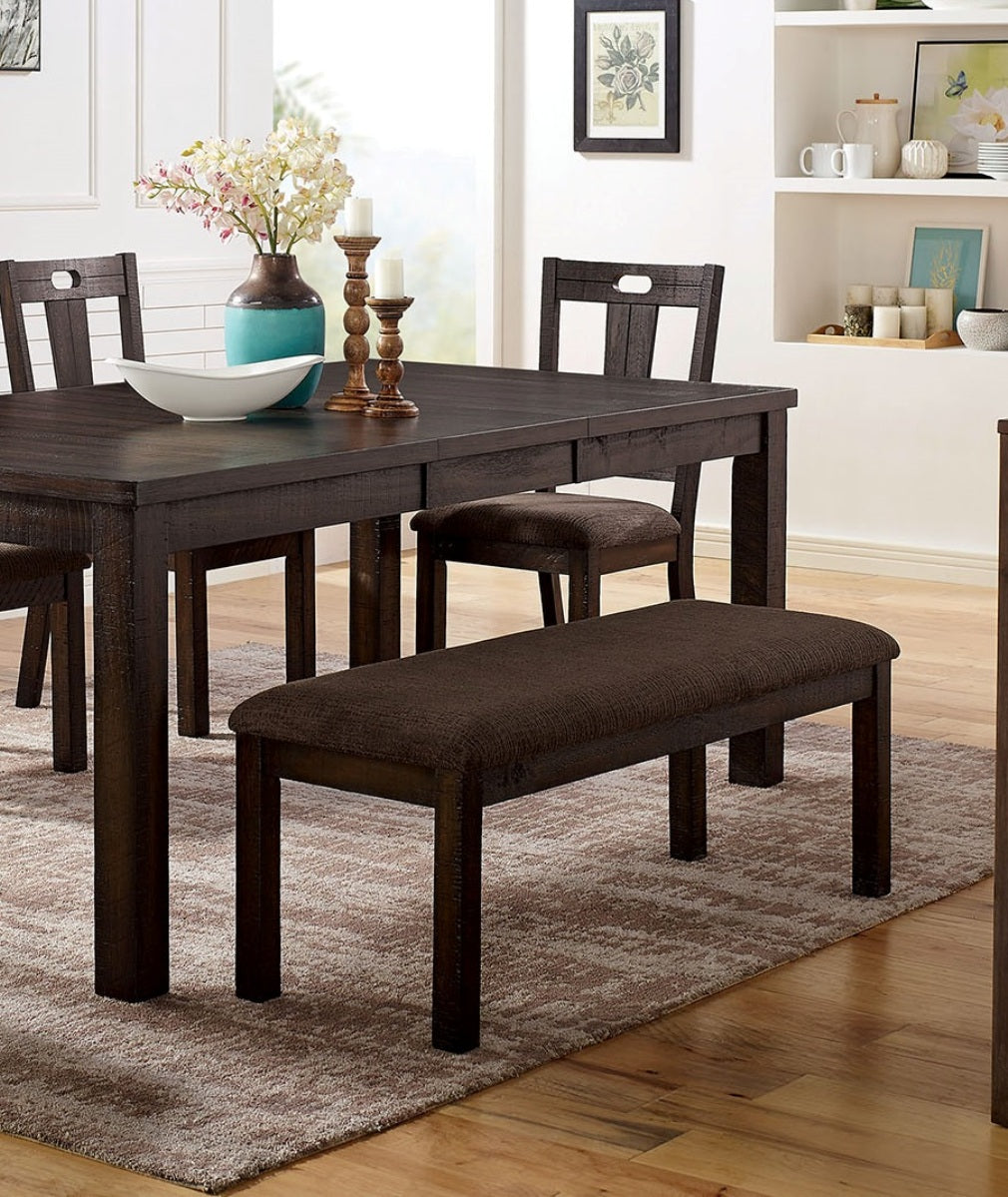 Dark brown upholstered dining bench with wooden legs