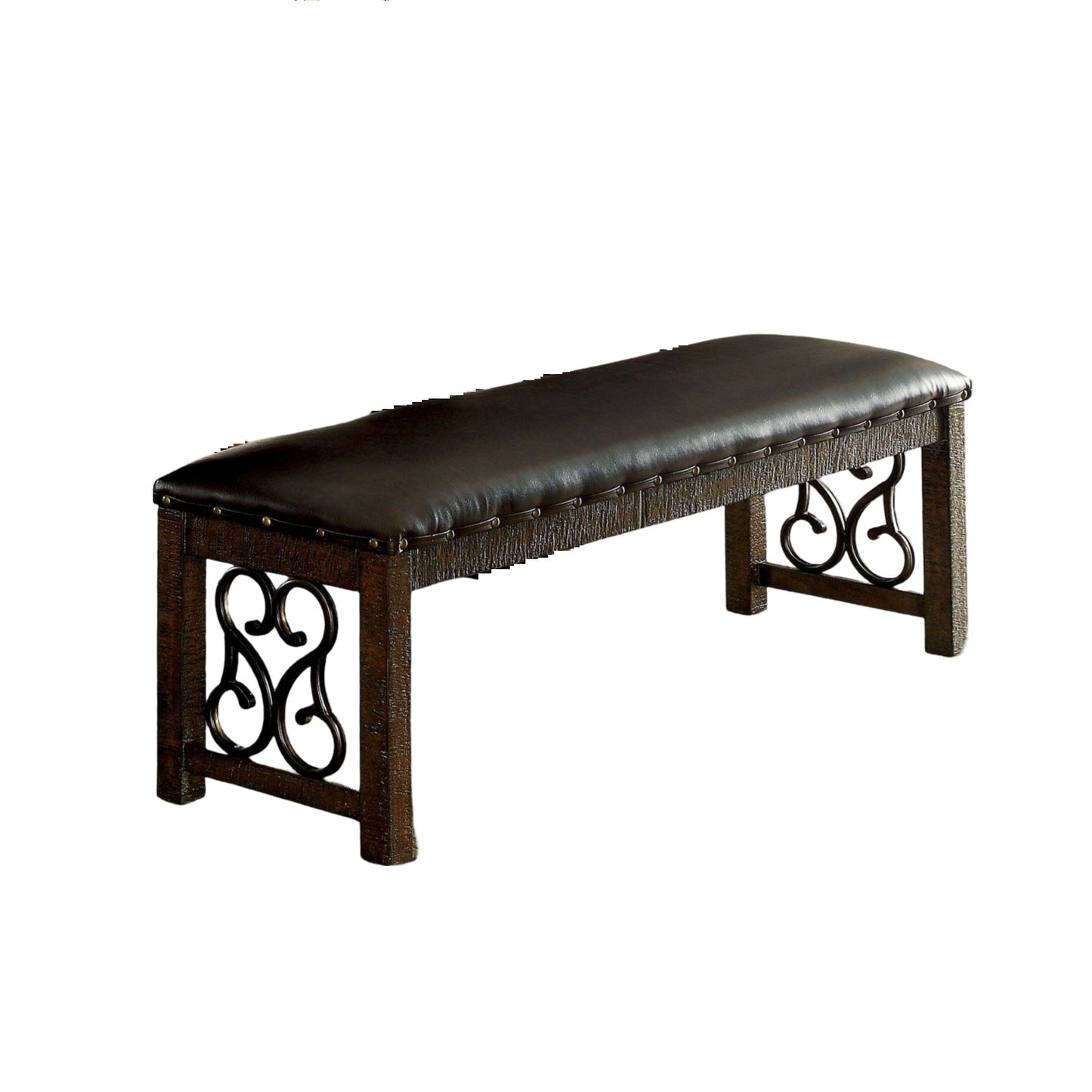 Dark brown upholstered bench with ornate wrought iron legs