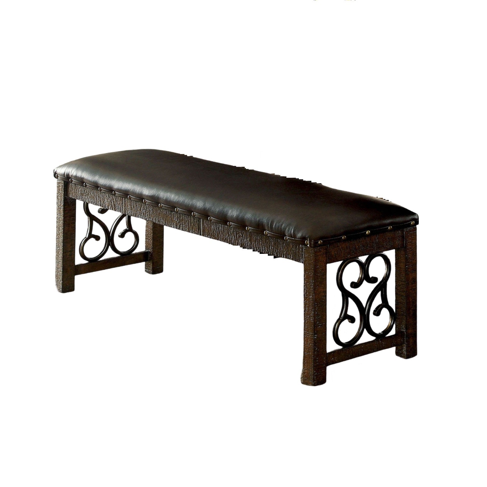 Dark brown faux leather upholstered bench with ornate scrollwork metal legs