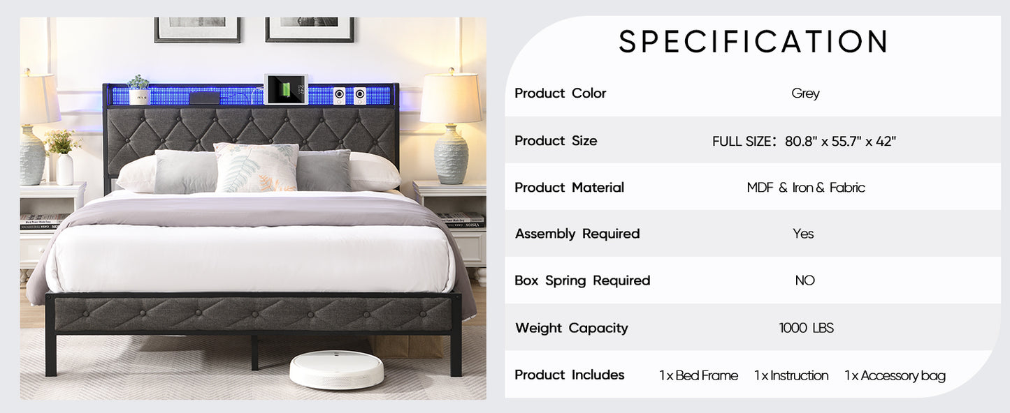 Grey upholstered full size bed frame with tufted headboard and LED lights
