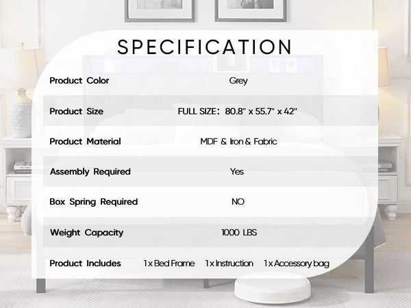 Grey upholstered bed frame specifications